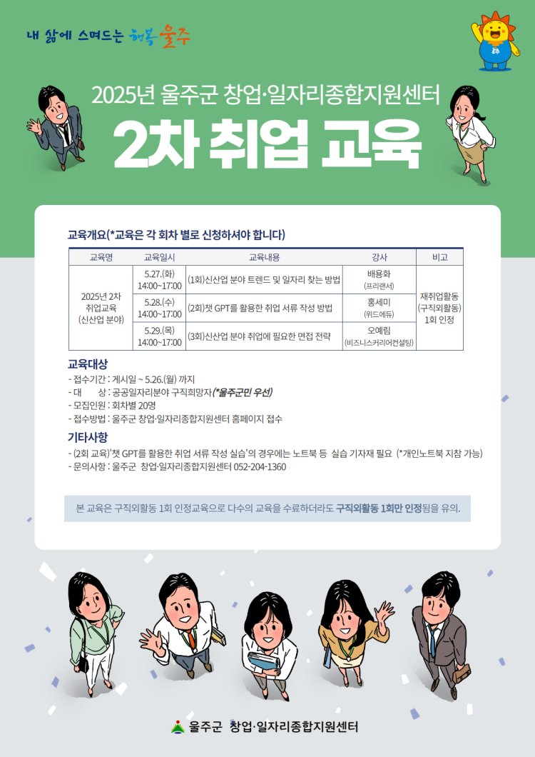 울주군 창업·일자리종합지원센터, 신산업 분야 2차 취업 교육생 모집