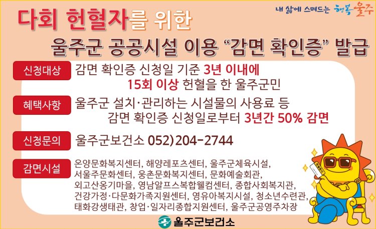울주군, 헌혈자 공공시설 이용료 감면 혜택 제공